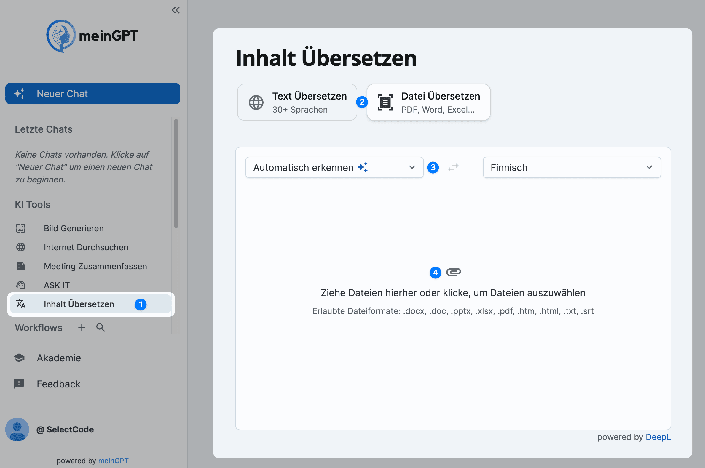 Screenshot der Auswahloption für das Übersetzungsfeature auf der meinGPT-Plattform